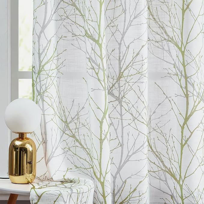 FMFUNCTEX Linen Semi Sheer Curtains for Bedroom, Sage Green White Curtains 54 Inches Long for Living Room, Grey Tree Branch Print Curtain Light Filtering Kitchen Window Drapes, Grommet Top 2 Panels