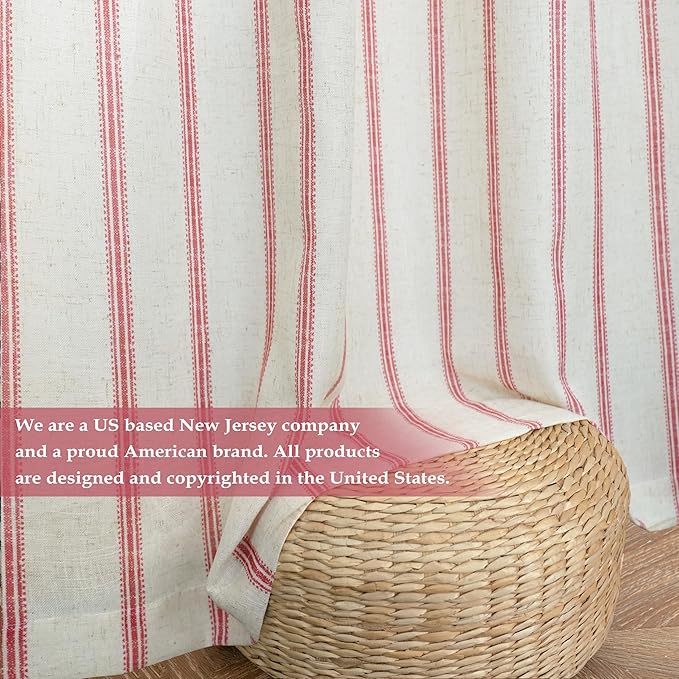 DriftAway Farmhouse Vertical Striped Linen Blend Textured Light Filtering Semi Sheer Curtains for Living Room Bedroom 63 Inches Long Drapes 2 Panels Linen Red