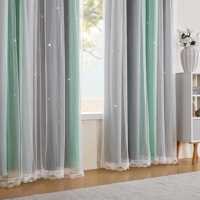 XiDi Bedroom Decor Blackout Curtains for Girl & Kids Room - Rainbow, Unicorn Wall Decals - Green, Light Grey - 52x63 Inch Long, 1 Panel