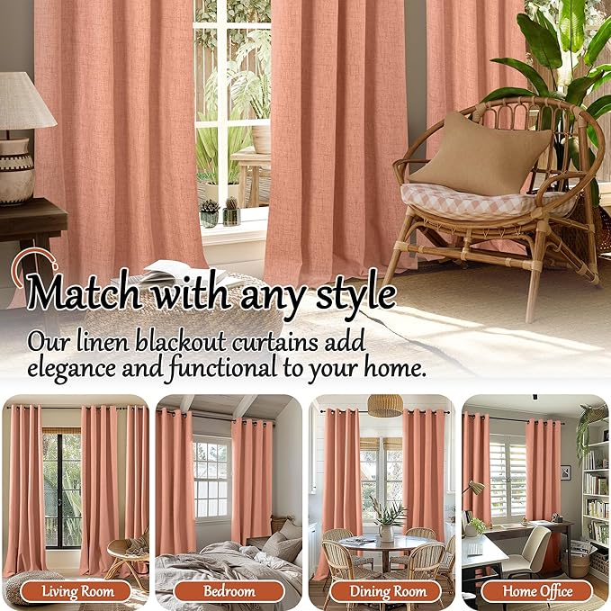 100% Linen Blackout Curtains for Bedroom Living Room 45 Inch Long 2 Panels, Thermal Insulated Light Blocking Soundproof Curtains, Noise Reducing Window Drapes 52x45 Inch 2 Panels, Terracotta