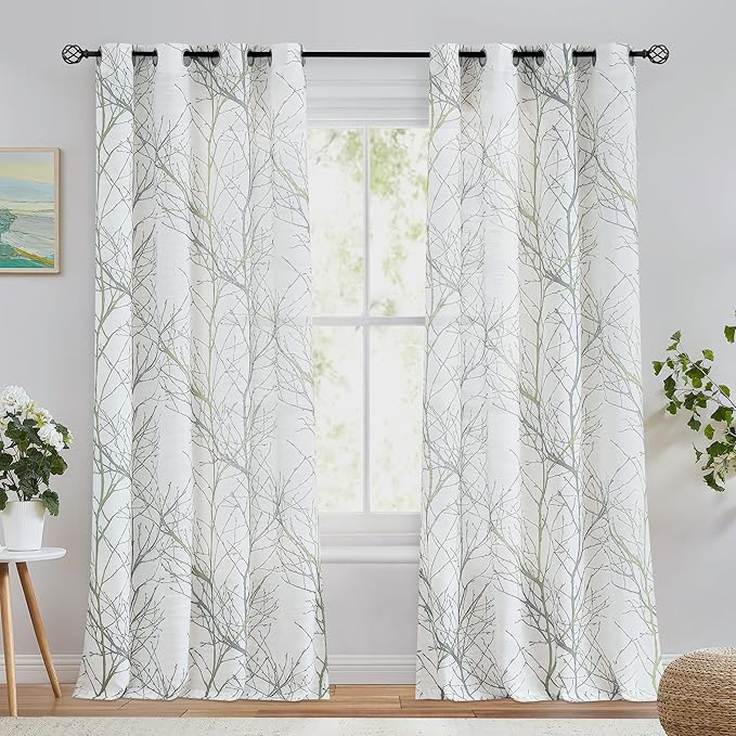 FMFUNCTEX Linen Semi Sheer Curtains for Bedroom, Sage Green White Curtains 108 Inches Long for Living Room, Grey Tree Branch Print Curtain Light Filtering Extra Long Drapes, Grommet Top 2 Panels