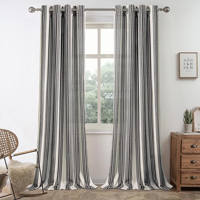 DriftAway Farmhouse Vertical Striped Linen Blend Textured Light Filtering Semi Sheer Curtains for Living Room Bedroom 96 Inches Long Drapes 2 Panels Broad Striped Black