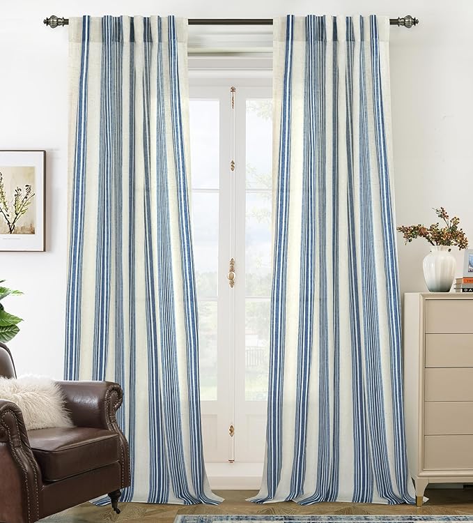 DriftAway Farmhouse Vertical Striped Linen Blend Textured Light Filtering Semi Sheer Curtains for Living Room Bedroom 120 Inches Long Drapes 2 Panels Broad Striped Linen Jean Navy