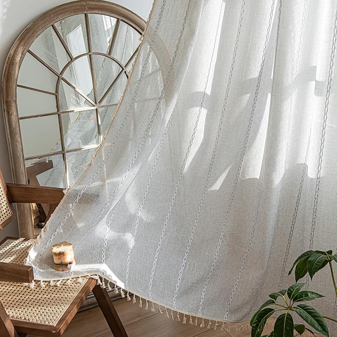 Sutuo Home Boho Curtains for Bedroom Dining Room Kitchen, Semi Blackout Linen Farmhouse Shabby Chic Tassels Window Treatment Bohemian Embroidery Drape, Rod Pocket 1 Panel 52" W x 63" L, Light Grey