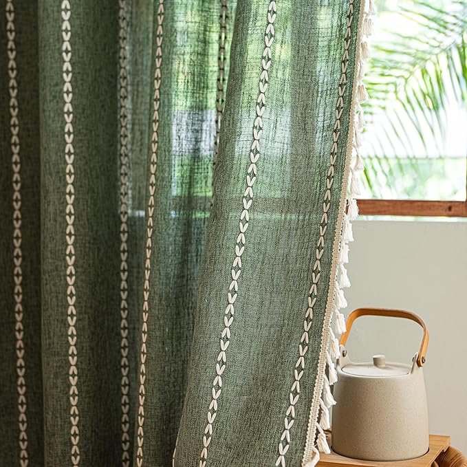 Sutuo Home Boho Kitchen Curtains with Beige Tassels, Semi Blackout Linen French Country Shabby Chic Window Treatment Bohemian Embroidery Knitted Drape, Rod Pocket 1 Panel 52" W x 63" L, Olive Green
