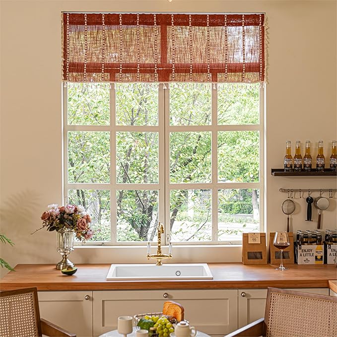 Sutuo Home Boho Short Curtains Valance for Cafe Doorway Closet, Light Filtering Linen French Country Shabby Window Treatment Bohemian Embroidery Drape, Rod Pocket 1 Panel 52" W x 36" L, Terracotta