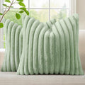 decorUhome Faux Fur Spring Throw Pillow Covers 20x20 Set of 2, Decorative Soft Plush Striped Neutral Couch Pillow Covers with Velvet Back for Sofa, Bed, Living Room Home, Sage Green