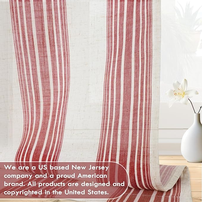 DriftAway Farmhouse Vertical Striped Linen Blend Textured Light Filtering Semi Sheer Curtains for Living Room Bedroom 96 Inches Long Drapes 2 Panels Broad Striped Red