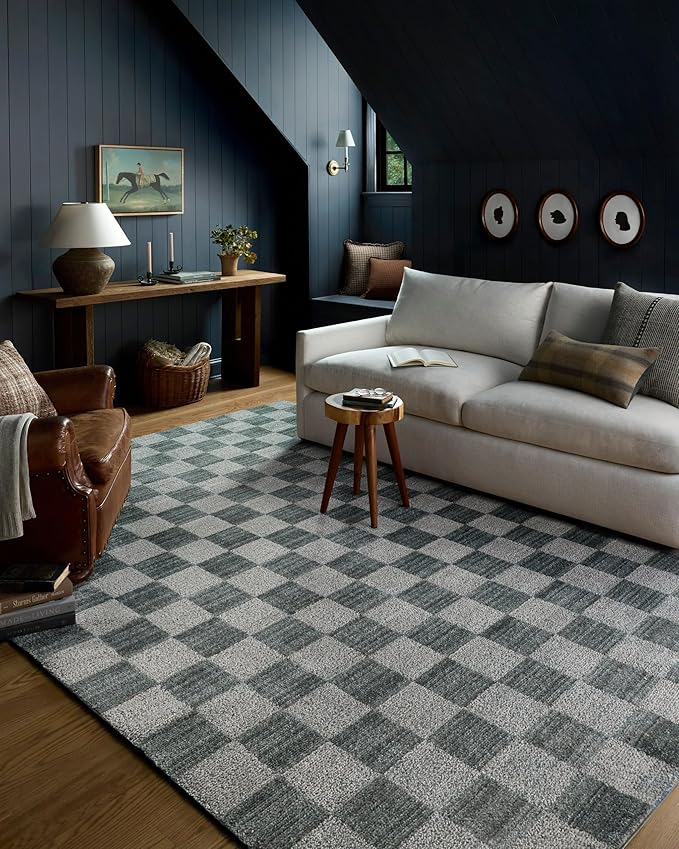 Loloi Chris Loves Julia Calvin Collection CLV-01 Blue/Ivory 2'-7" x 7'-6" Runner Rug Checkered Neutral Soft Living Room Bedroom Carpet