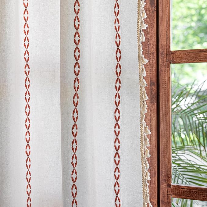 Sutuo Home White and Terracotta Boho Curtains for Bedroom Living Dining Room 90 Inches Long, Light Filtering Cotton Embroideried Bohemian Striped Farmhouse Autumn Halloween Decor,1 Panel,52" W x 90" L