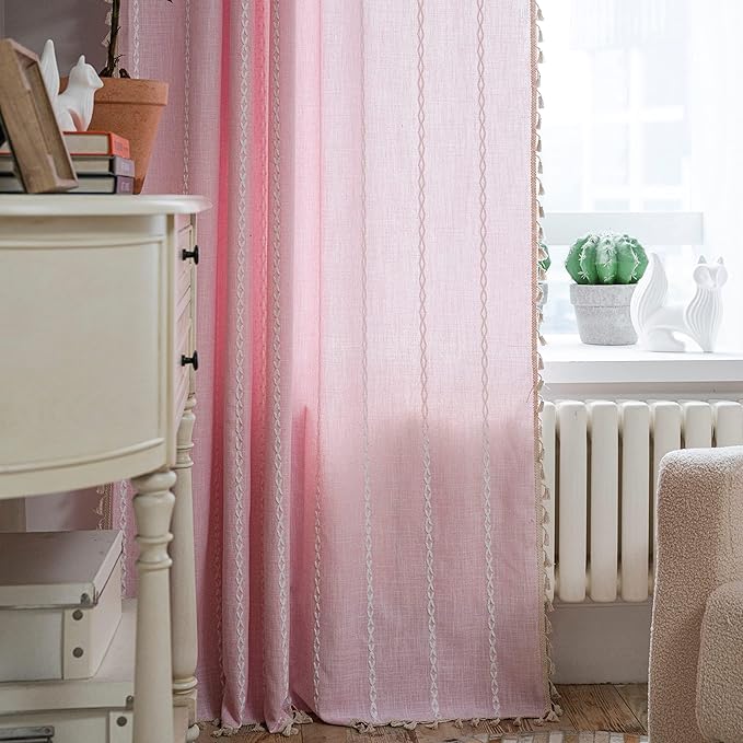 Sutuo Home Boho Curtain for Girl's Bedroom 108 Inches Long, Light Filtering Farmhouse Shabby Chic Tassels Window Treatment Bohemian Embroidery Drape, Rod Pocket 1 Panel 52" W x 108" L, Pink