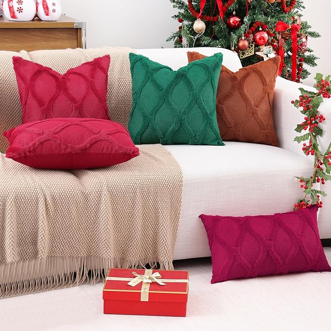 decorUhome Spring Throw Pillow Covers 20x20 Inch Set of 2, Soft Plush Faux Fur Wool Burgundy Couch Pillow Covers, Decorative Neutral Pillow Cases for Bed Sofa Living Room Home Decor