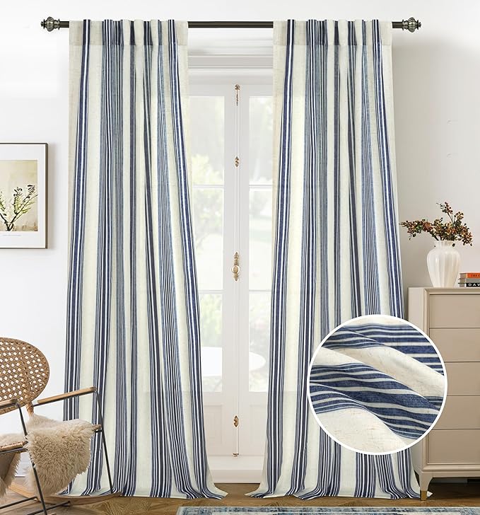 DriftAway Farmhouse Vertical Striped Linen Blend Textured Light Filtering Semi Sheer Curtains for Living Room Bedroom 108 Inches Long Drapes 2 Panels Broad Striped Linen Dark Blue