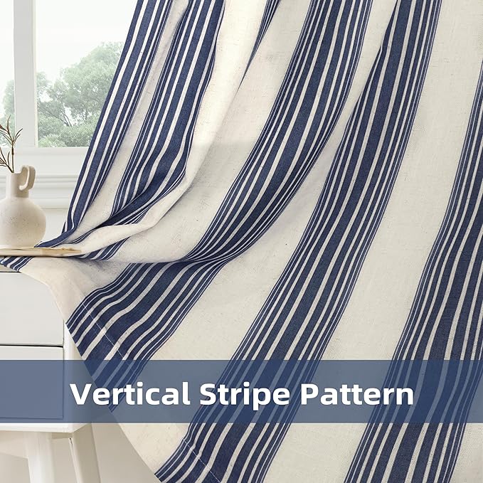 DriftAway Farmhouse Vertical Striped Linen Blend Textured Light Filtering Semi Sheer Curtains for Living Room Bedroom 96 Inches Long Drapes 2 Panels Broad Striped Dark Navy