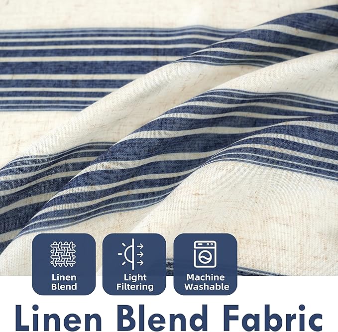DriftAway Farmhouse Vertical Striped Linen Blend Textured Light Filtering Semi Sheer Curtains for Living Room Bedroom 102 Inches Long Drapes 2 Panels Broad Striped Linen Dark Blue