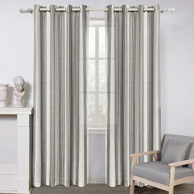 DriftAway Farmhouse Vertical Striped Linen Blend Textured Light Filtering Semi Sheer Curtains for Living Room Bedroom 108 Inches Long Drapes 2 Panels Broad Striped Grey