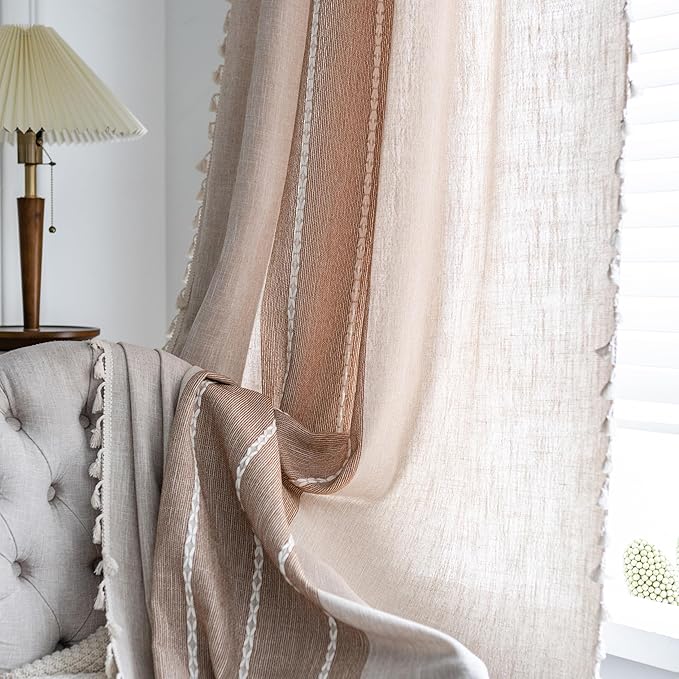 Sutuo Home Boho Curtains for Bedroom Dining Room, Light Filtering Brown Farmhouse Shabby Chic Tassels Window Treatment Bohemian Embroidery Drape, Rod Pocket 1 Panel 52" W x 84" L, Coffee Linen