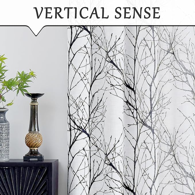 FMFUNCTEX Linen Semi Sheer Curtains for Bedroom, Black White Curtains 72 Inches Long for Living Room, Grey Tree Branch Patterned Curtain Light Filtering Farmhouse Window Drapes, Grommet Top 2 Panels