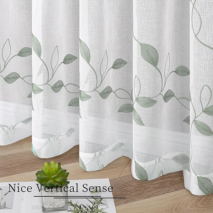 Tollpiz Sage Green Leaf Sheer Curtain Leaves Embroidered Bedroom Curtains Rod Pocket Voile Window Treatment for Living Room, 54 x 95 inches Long, Set of 2 Panels