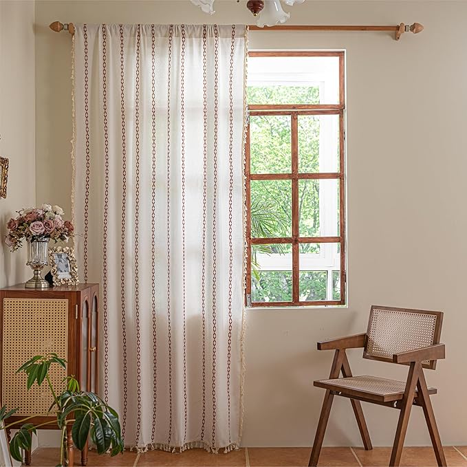 Sutuo Home Boho Curtains 96 Inch Long for Bedroom Dining Living Room, Light Filtering Cotton Embroideried Bohemian Striped Farmhouse Fall Halloween Decor, 1 Panel W52 x L96,White and Terracotta