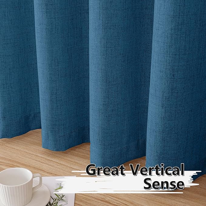 Tollpiz Short Linen Curtain Bedroom Rod Pocket Semi Sheer Curtains Burlap Light Filtering Thick Linen Drape for Living Room, 38 x 54 inches Long, Classic Blue, Set of 2 Panels