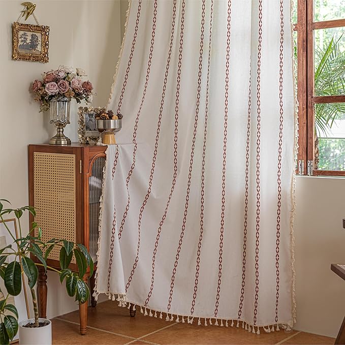 Sutuo Home Boho Curtains 72 Inch Long for Bedroom Living Room Nursery, Light Filtering Cotton Embroideried Bohemian Striped Vintage Farmhouse Privacy Decor,1 Panel W52 x L72,White and Terracotta