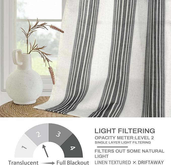 DriftAway Farmhouse Vertical Striped Linen Blend Textured Light Filtering Semi Sheer Curtains for Living Room Bedroom 84 Inches Long Drapes 2 Panels Broad Striped Linen Black