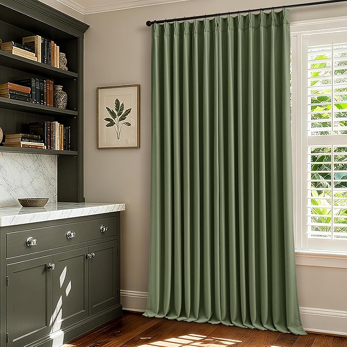 120 Inch Pinch Pleat Drapes Olive Green Room Darkening Curtains 120 Inches Long for Bedroom Rustic Cottagecore 100% Blackout Thick Linen Double Layer Pleated Curtain 2 Panels Set Loden Green Decor
