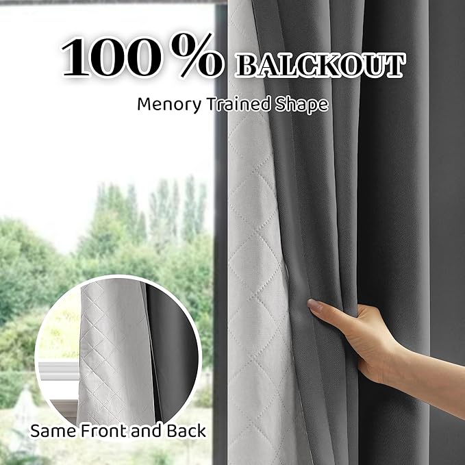 100% Blackout Thermal Insulated Curtains, 3 Layers Noise Absorbing, Soundproof Back Tab Drapes for Sliding Glass Door Baby Nursery Bedroom with Hooks, Grey 50x108 Inch Set of 1
