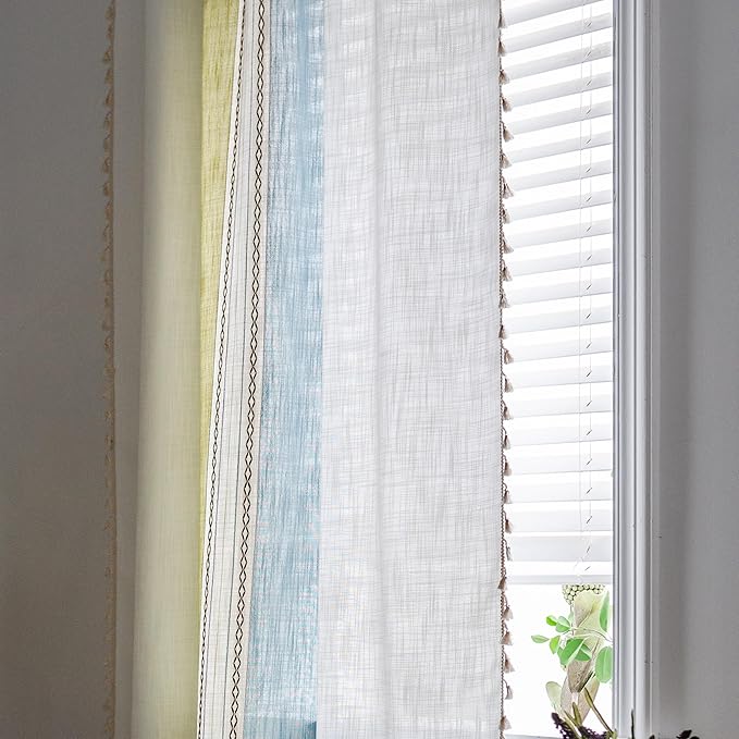 Sutuo Home Boho Curtains 63 inches for Bedroom Living Room, Semi Blackout Linen Farmhouse Tassels Window Treatment Bohemian Embroidery Drape, Rod Pocket 1 Panel 52" W x 63" L, Green Blue Striped Linen