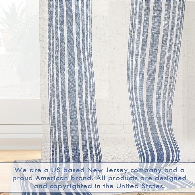 DriftAway Farmhouse Vertical Striped Linen Blend Textured Light Filtering Semi Sheer Curtains for Living Room Bedroom 102 Inches Long Drapes 2 Panels Broad Striped Jean Navy
