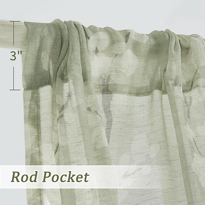 FMFUNCTEX Linen Sheer Curtains for Bedroom, Sage Green Blossom Print Curtains 84 Inches Long for Living Room,Floral Patterned Farmhouse Curtain Light Filtering Window Drapes 2 Panels, Rod Pocket