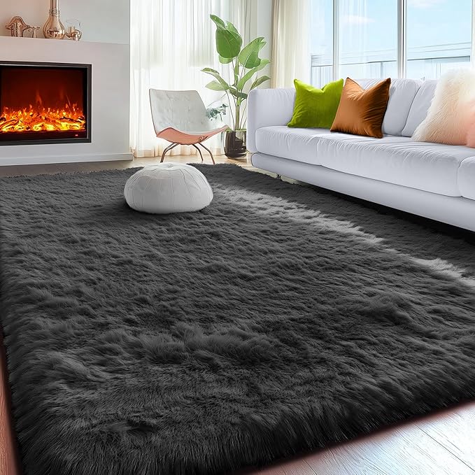PAGISOFE Black Fluffy Shag Area Rugs for Bedroom 5x7, Soft Fuzzy Shaggy Machine Washable Rugs for Living Room,Plush Nursery Rug Kids Room Furry Floor Rug Boys Carpet for Teen Dorm Black Room Decor