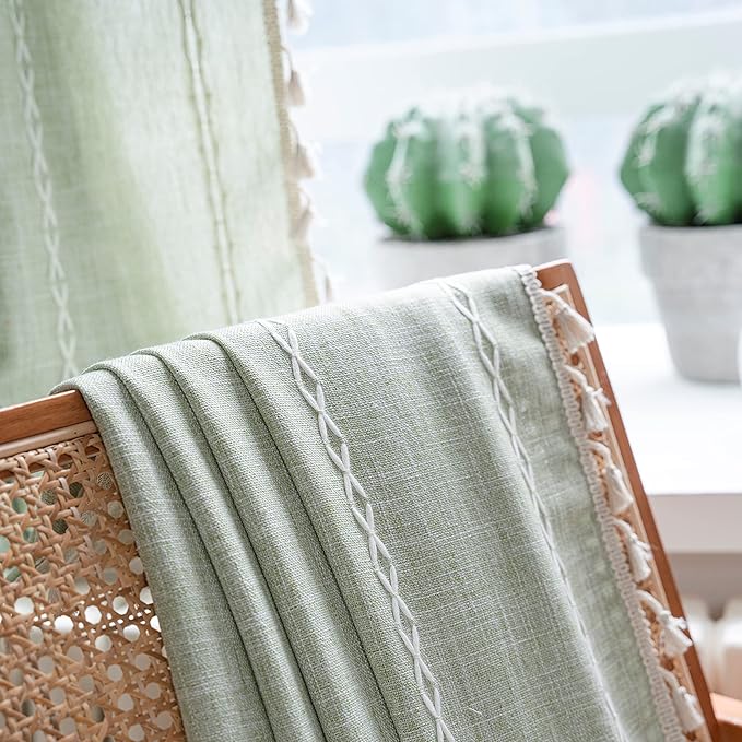 Sutuo Home Boho Curtain for Bedroom, Light Filtering Farmhouse Vintage Chic Tassels Window Treatment Bohemian Embroidery Drape, Rod Pocket 1 Panel 52" W x 108" L, Sage Green