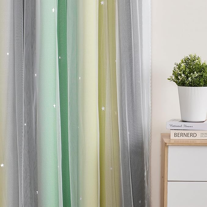 XiDi Curtains for Bedroom Decor, Rainbow GreenYellowGrey34/54/1