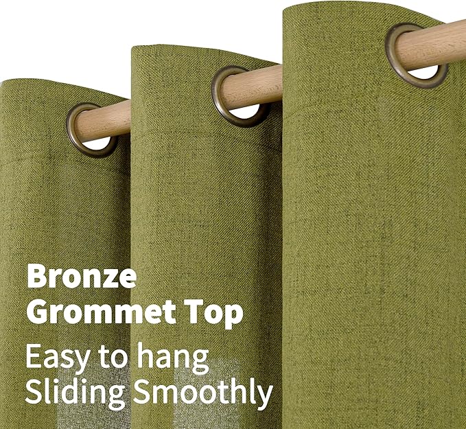 YoungsTex Olive Green Linen Curtains 63 Inches Length 2 Panels Textured Window Drapes with Bronze Grommet Privacy Light Filtering for Living Room Bedroom Office, 52 x 63 Inch