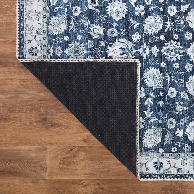 Bloom Rugs Washable Non-Slip 9' x 12' Rug - Dark Blue Traditional Bordered Area Rug for Living Room, Bedroom, Dining Room, and Kitchen - Exact Size: 9' x 12'