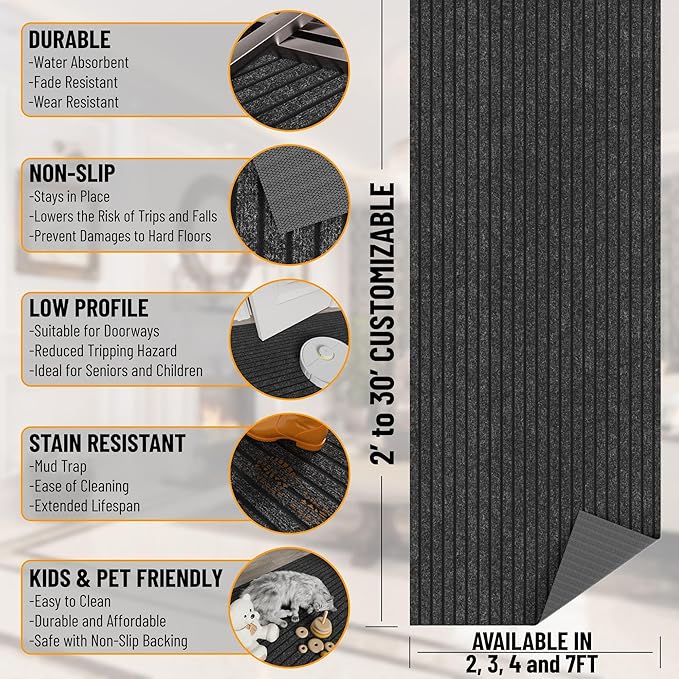 Ottomanson 2' x 12' Hallway Runner with Scraper Pile Extra Durable Non-Slip Rug Mat for Indoor & Outdoor Use - Ideal for Kitchen, Entryway, Patio & Garage - High-Traffic Carpet, Black