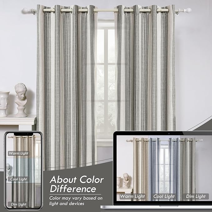 DriftAway Farmhouse Vertical Striped Linen Blend Textured Light Filtering Semi Sheer Curtains for Living Room Bedroom 108 Inches Long Drapes 2 Panels Broad Striped Grey