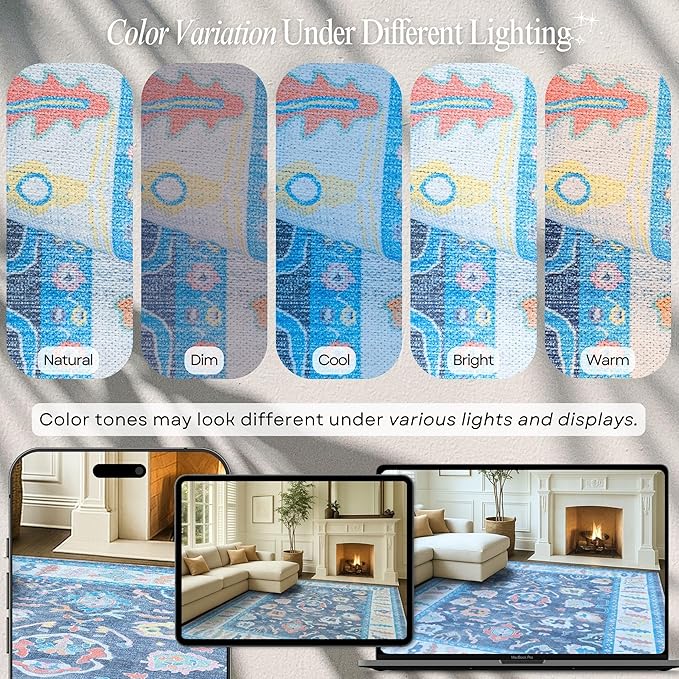 Fame Rugs Blue Modern Oushak Rug 8x10, Vintage Turkish Colorful Oriental Washable Antique Inspired Large Area Rugs, Luxury Living Room Bedroom (387BNB, 7'6 x 10')
