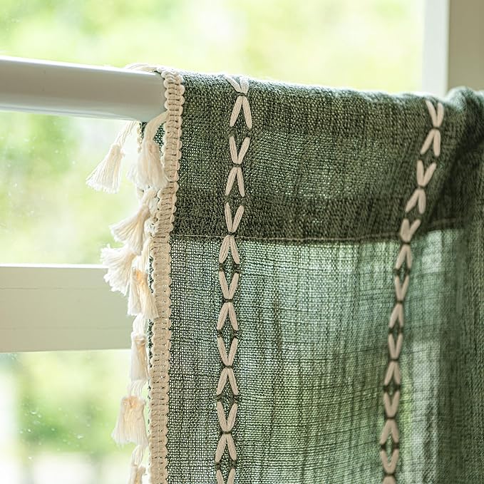 Sutuo Home Olive Green Boho Short Curtains Valance with Tassles, Bohemian Linen Light Filtering Vintage French Country Christmas Window Treatment Embroidery Drape, Rod Pocket 1 Panel 52" W x 18" L