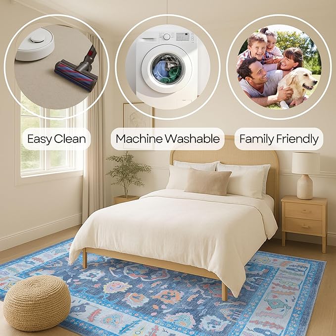 Fame Rugs Blue Modern Oushak Rug 2'6"x7', Washable Vintage Turkish Colorful Oriental Antique Inspired Foldable Small Runner Rugs, Luxury Living Room Bedroom (387BNB, 2'6" x 7')