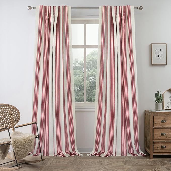 DriftAway Farmhouse Vertical Striped Linen Blend Textured Light Filtering Semi Sheer Curtains for Living Room Bedroom 96 Inches Long Drapes 2 Panels Broad Striped Linen Red