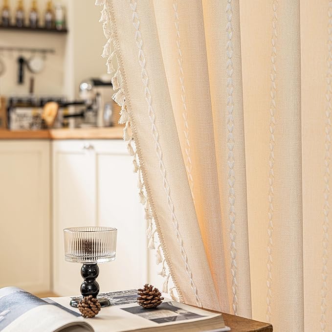 Sutuo Home Boho Sliding Door Curtains, Bohemian Semi Blackout Curtains Tassels Privacy Embroidery Stripes Decor Temporary Room Dividers for Door Window Hallway,Rod Pocket 1 Panel 37" W x 80" L,Beige