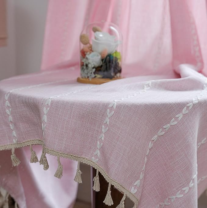 Sutuo Home Boho Curtains for Bedroom 96 Inches Long, Light Filtering Farmhouse Shabby Chic Tassels Window Treatment Bohemian Embroidery Drape, Rod Pocket 1 Panel 52" W x 96" L, Pink