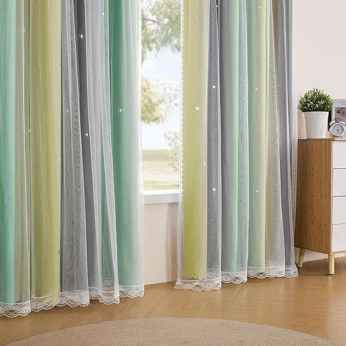 XiDi Yellow & Rainbow Curtains for Kids & Girls Room - Blackout, Grey & Green 52x84 Inch Long 1 Panel with Unicorn Wall Decals