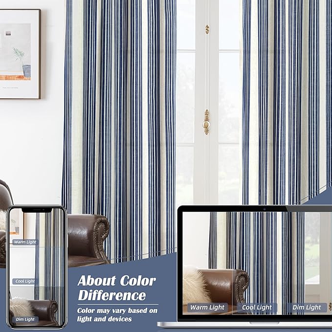 DriftAway Farmhouse Vertical Striped Linen Blend Textured Light Filtering Semi Sheer Curtains for Living Room Bedroom 120 Inches Long Drapes 2 Panels Broad Striped Dark Navy