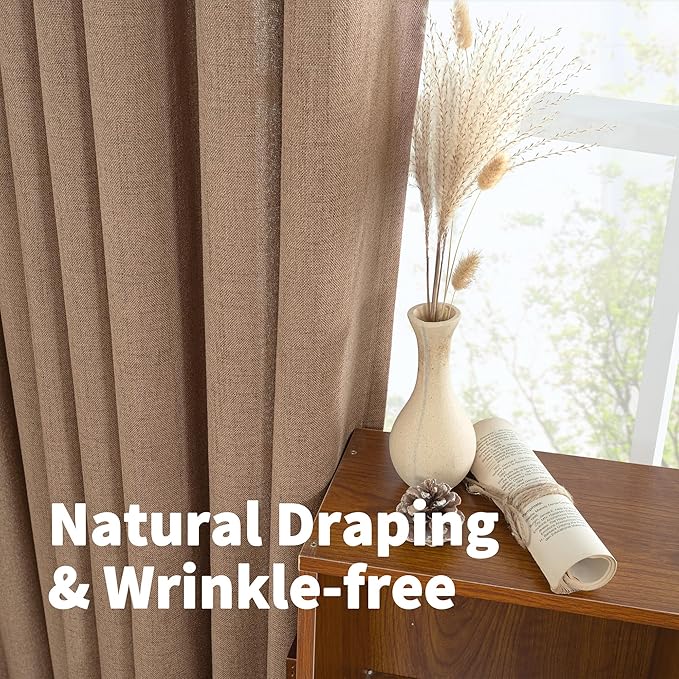 YoungsTex Mocha Brown Linen Curtains 48 Inch Length, Short Semi Sheer Drapes with Grommet Light Filtering for Bedroom Living Room Window, 2 Panels, 42 X 48 Inch