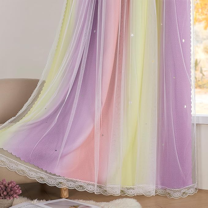 XiDi Curtains for Bedroom Decor, Rainbow Pink PurpleYellow52/45/1