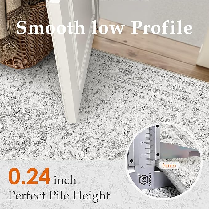 Grey 2x8 Runner Rug Vintage Area Carpet Hallway Indoor Kitchen Washable Low Pile Traditional Distressed Retro Accent Throw Rug Non Slip for Laundry Bathroom Office